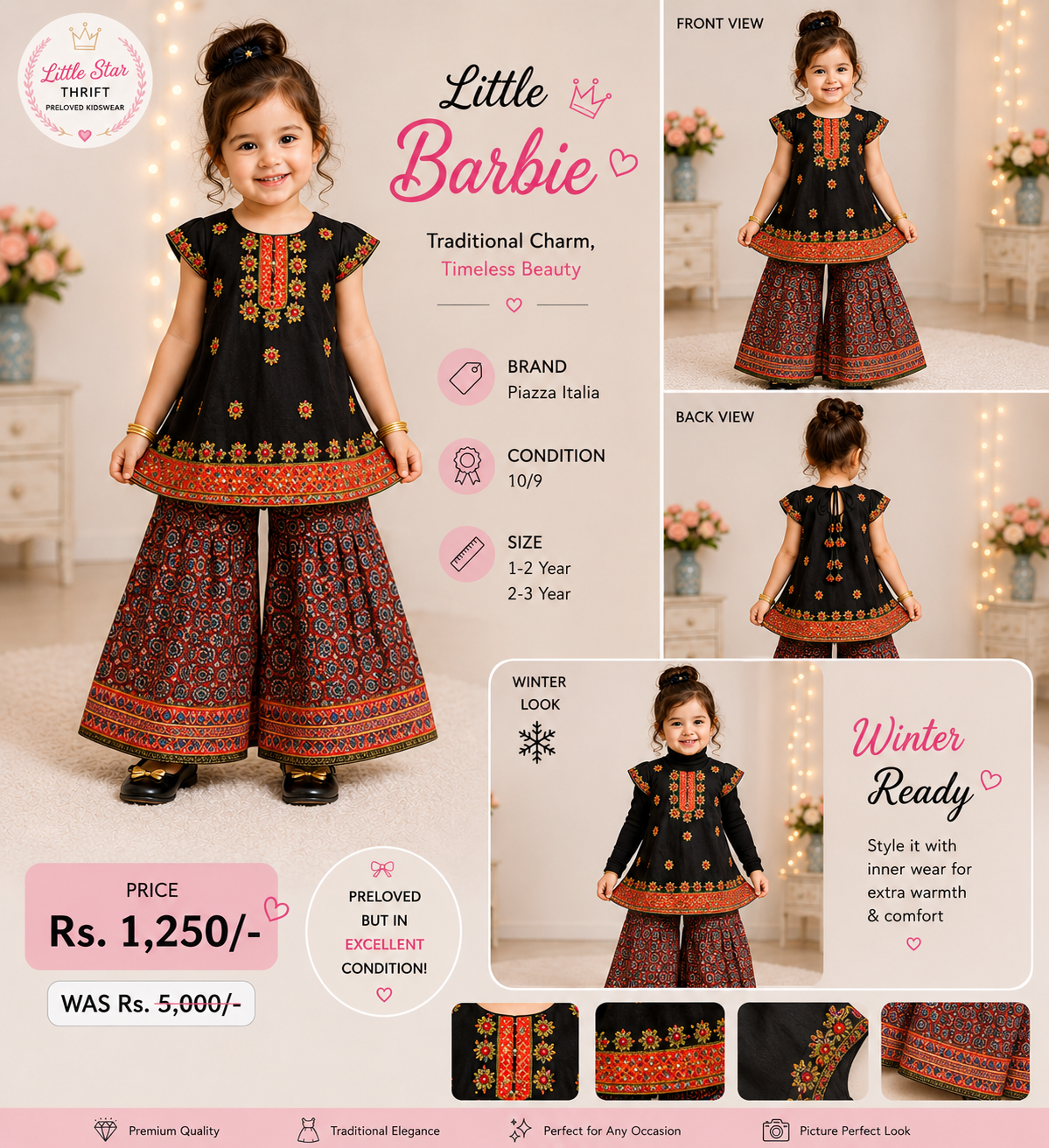 Piazza Italia Embroidered Traditional Shirt & Sharara Set | Girls 1–3 Years | Preloved
