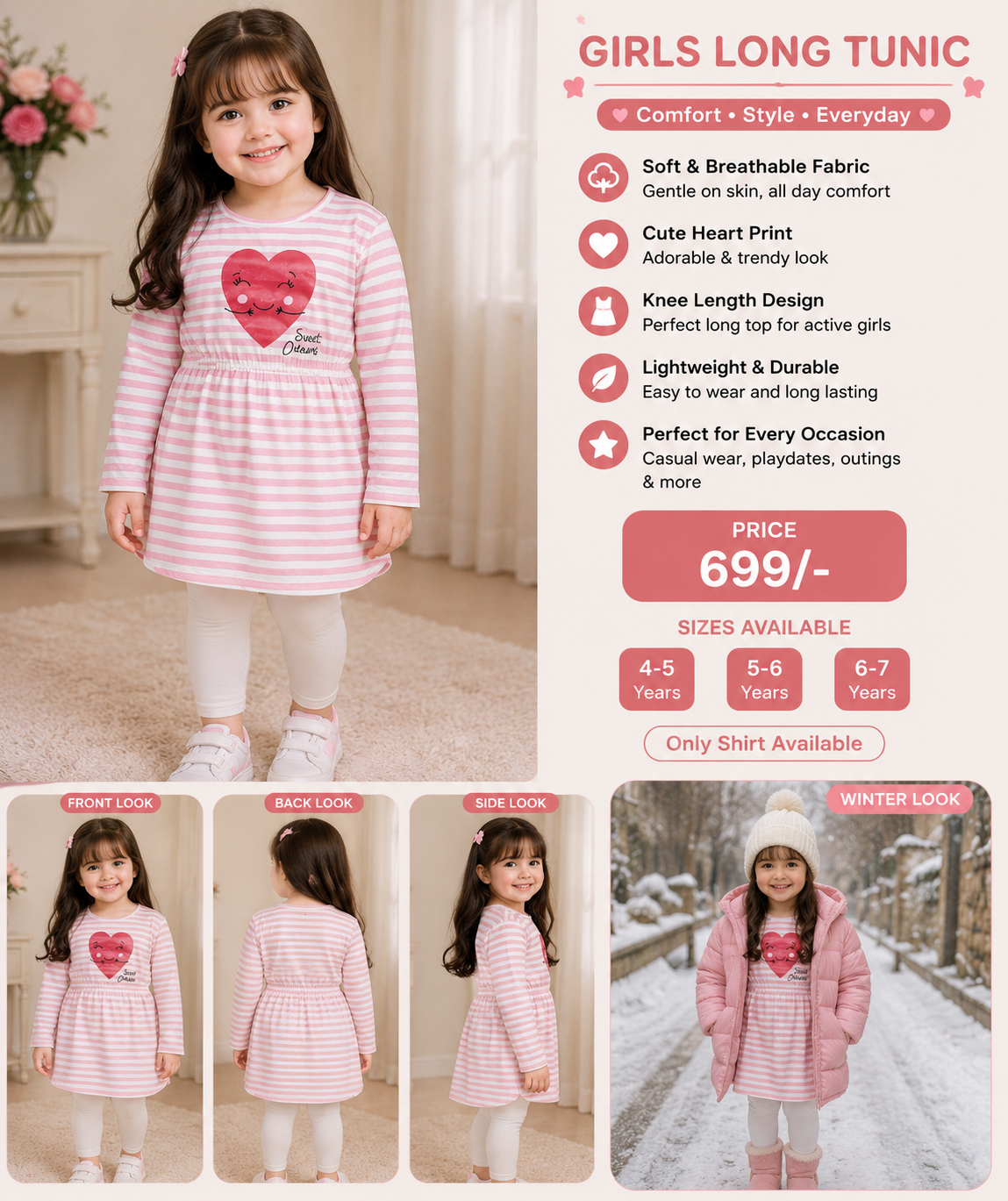 Girls Pink Striped Heart Print Long Tunic