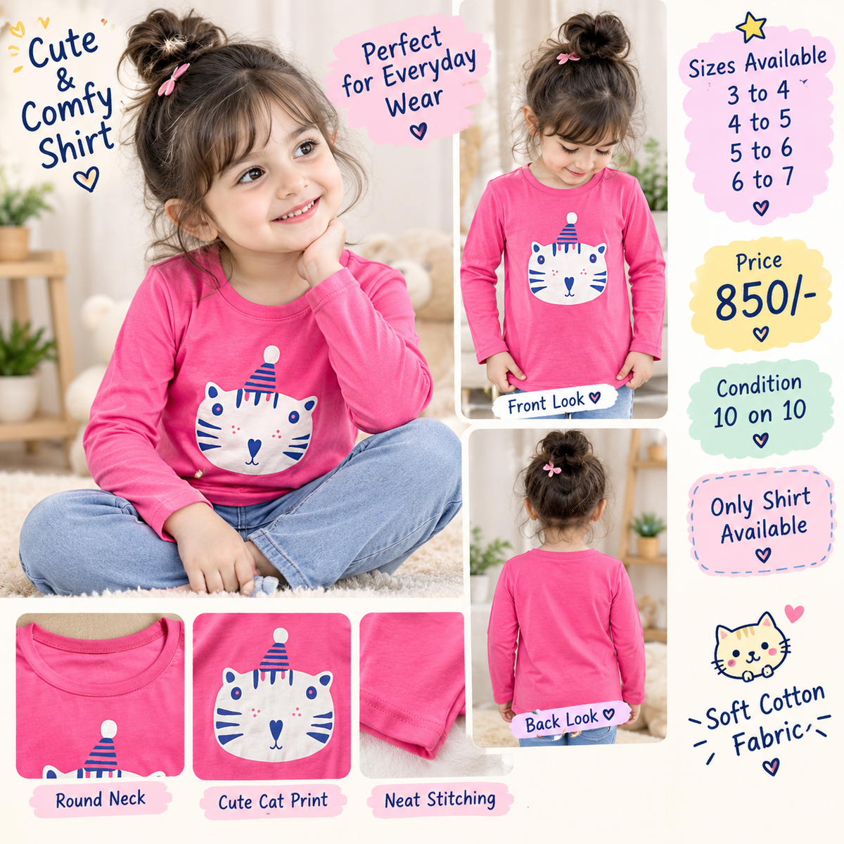 Girls Cute Cat Printed Full Sleeve T-Shirt – Pink