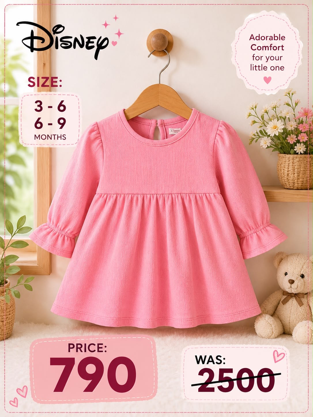 Disney Pink Baby Dress | Soft Cotton | 3-9 Months