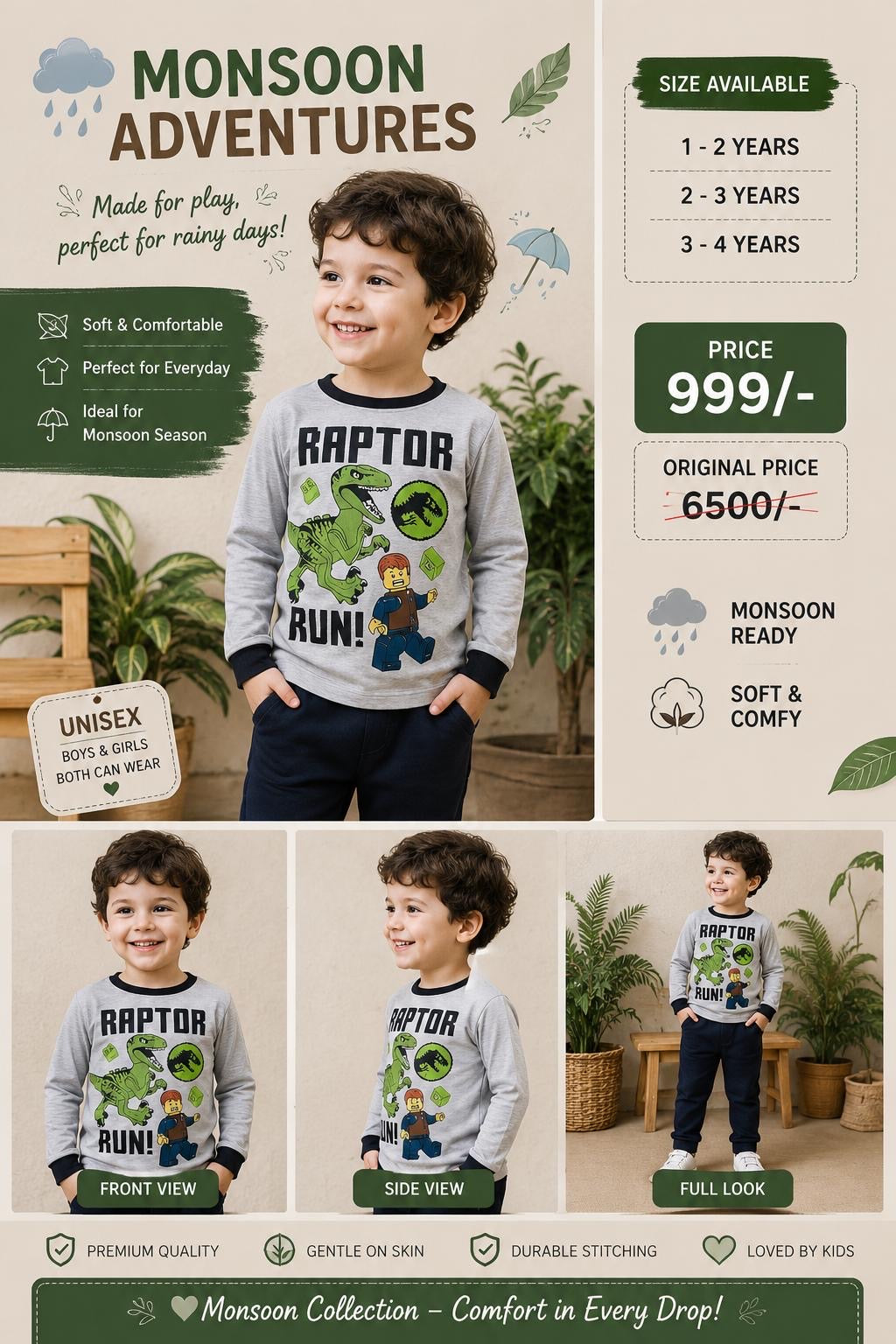 Dinosaur Graphic Long Sleeve Cotton Tee – Unisex Kids