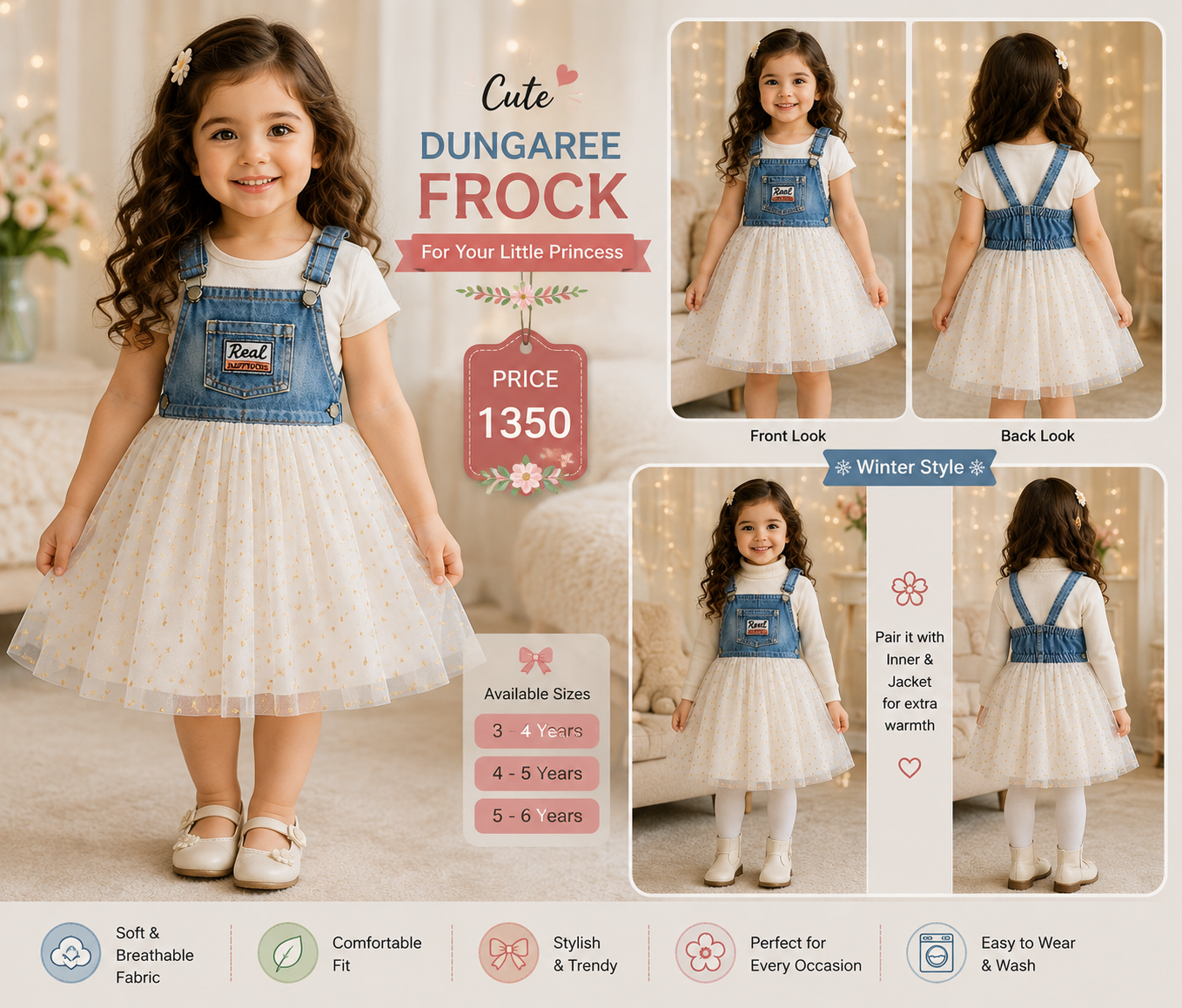 Cute Denim Dungaree Frock with Printed Tulle Skirt