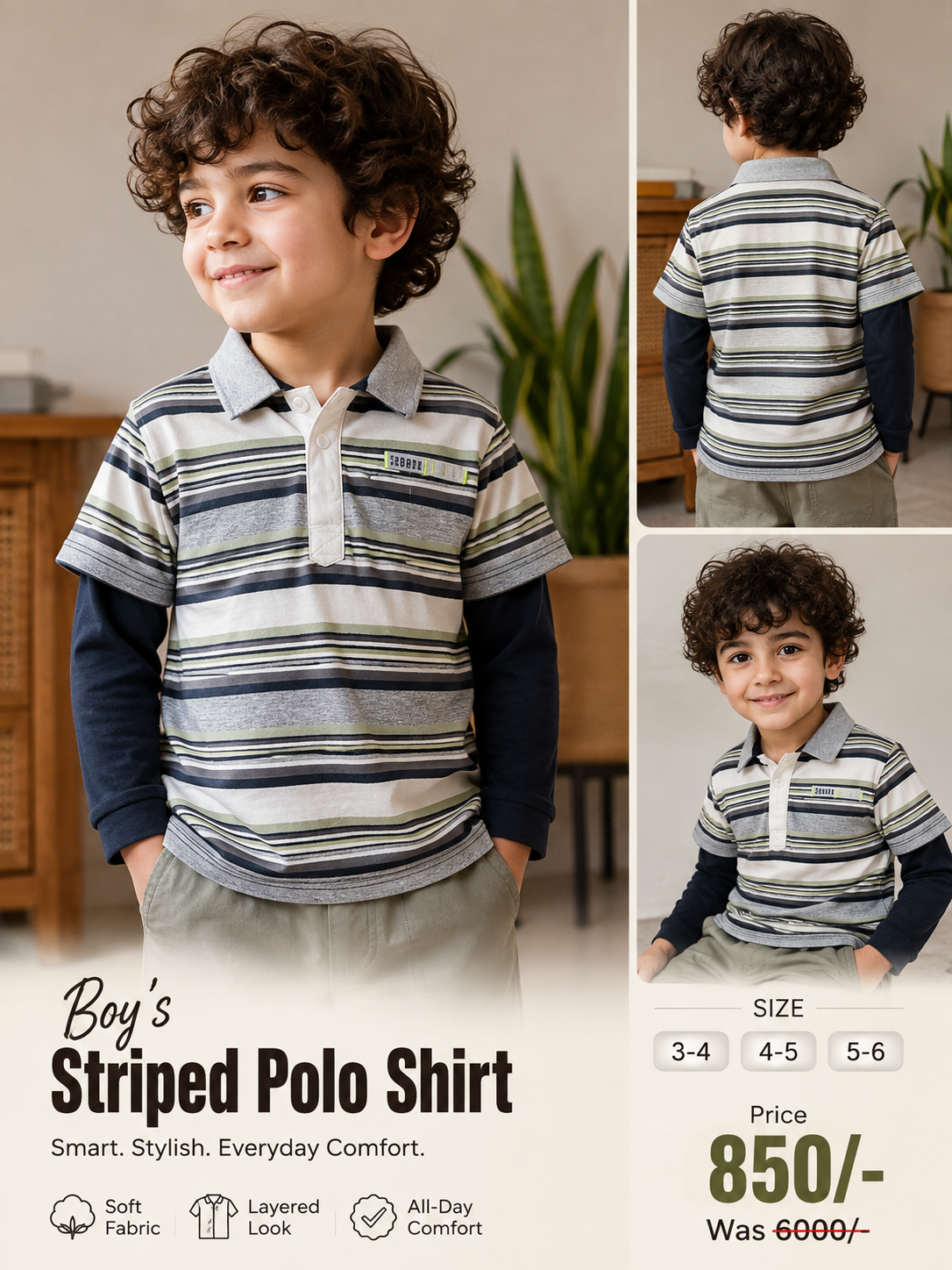 Boys Striped Polo Shirt – Soft Cotton Casual Tee | Curly Style | Ages 3–6 Years