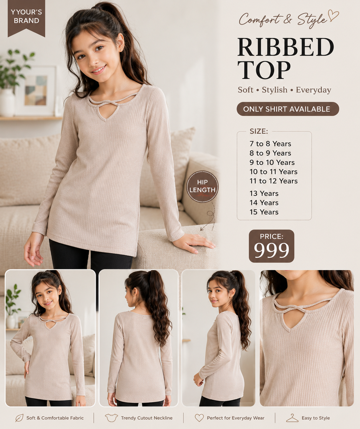 Girls Ribbed Stylish Cutout Top