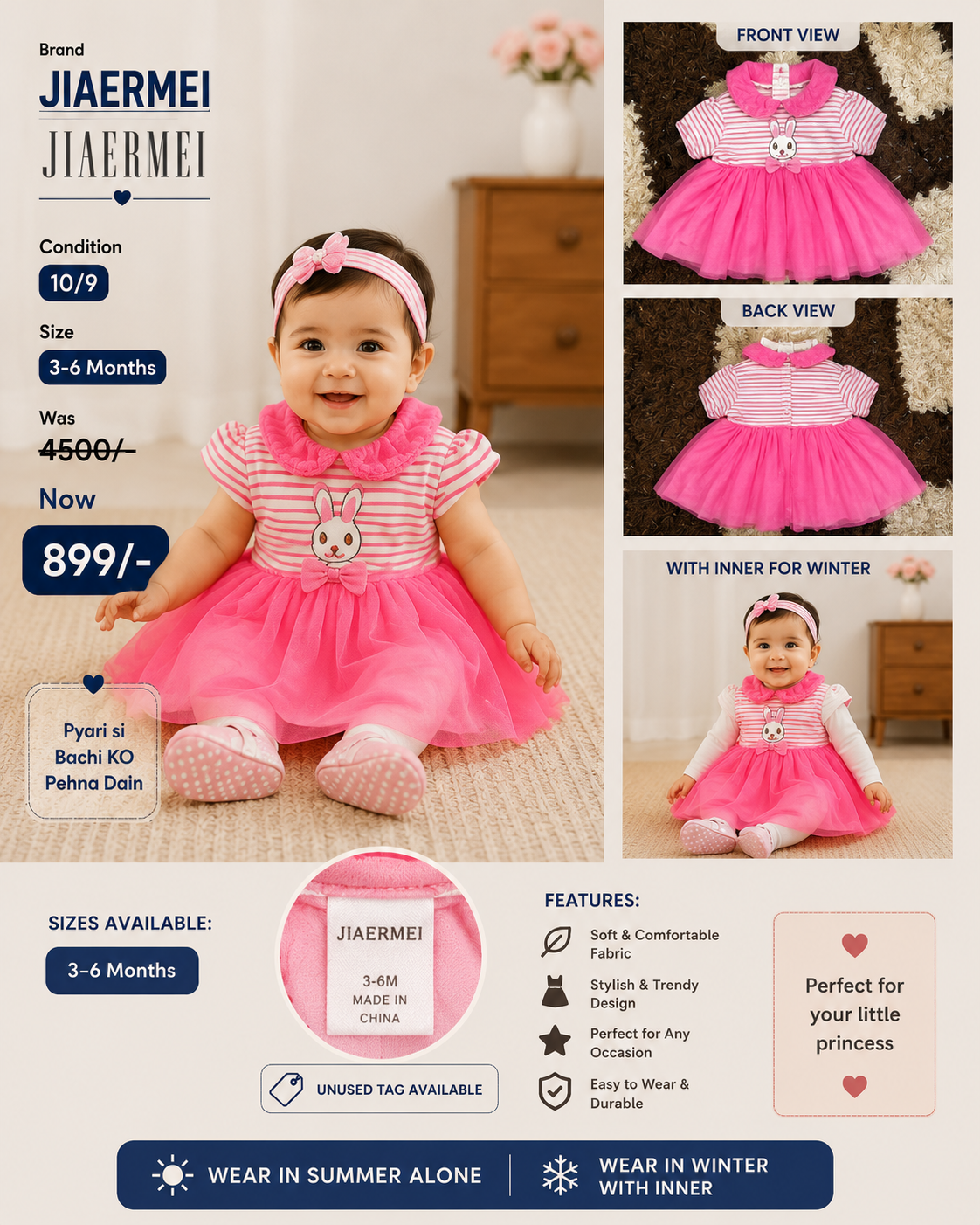 JIAERMEI Baby Bunny Dress – 3-6 6-9 9-12Months | Soft Baby Party Dress