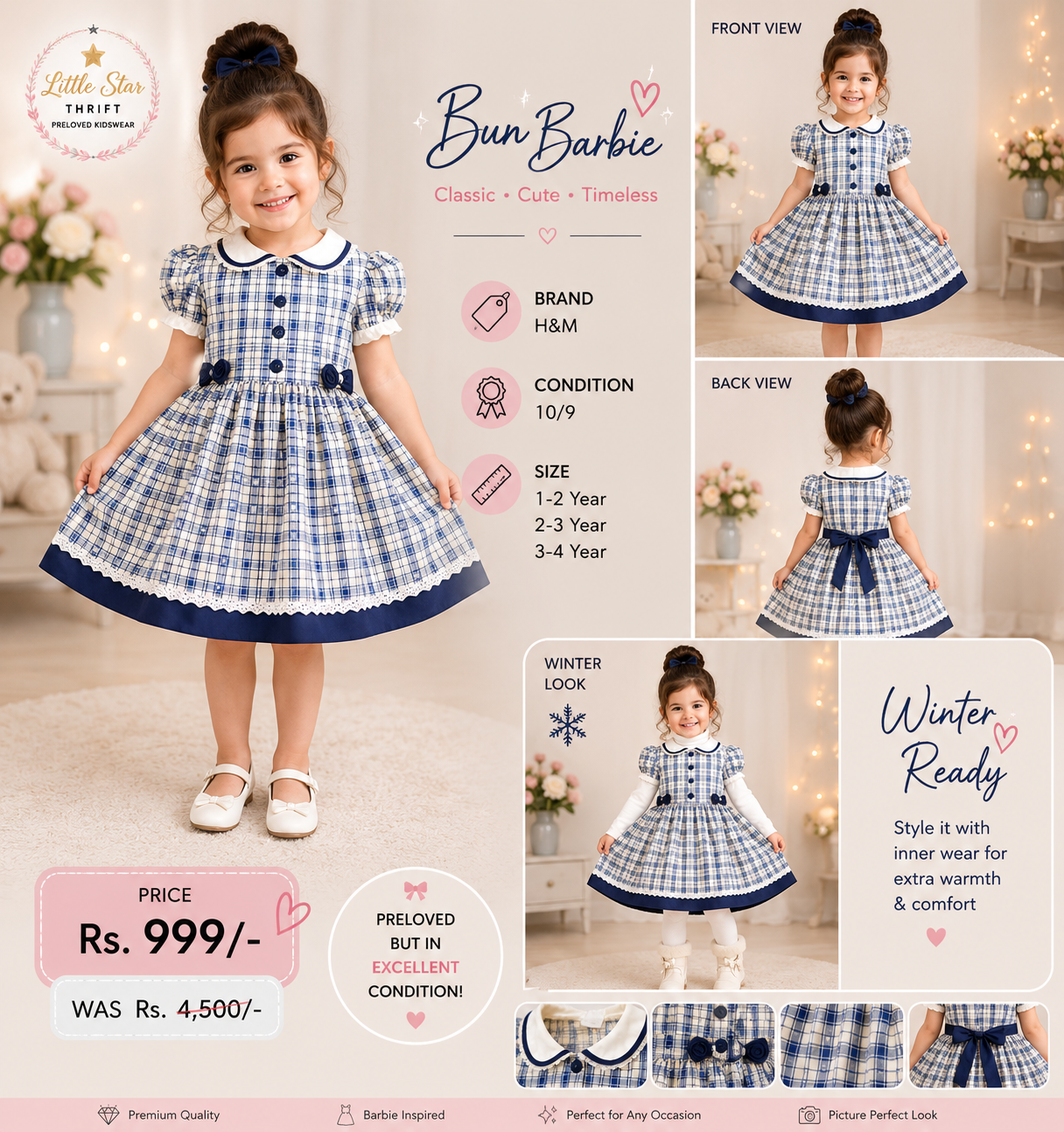 H&M Blue Check Bun Barbie Dress | 1–4 Years | Preloved