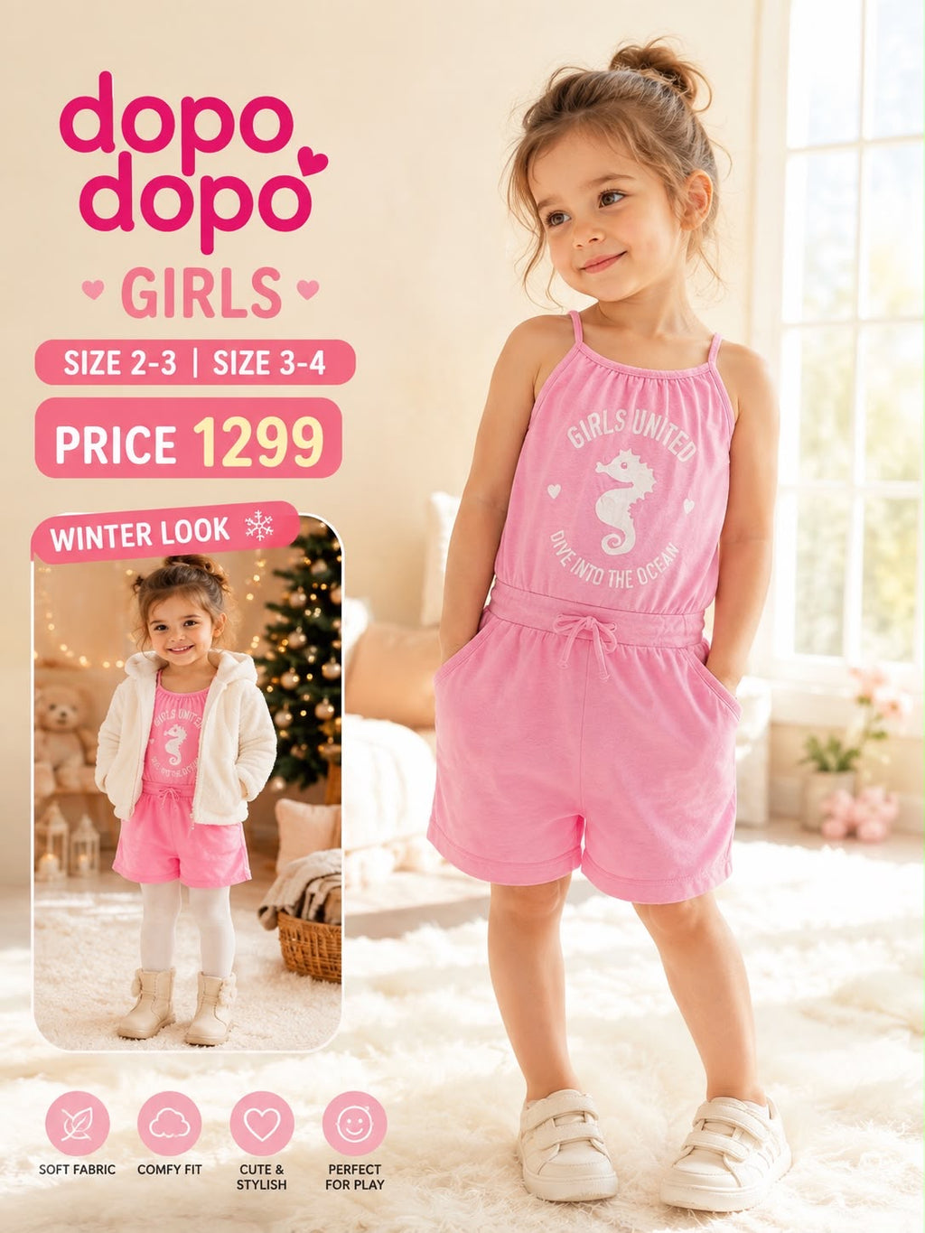 Girls Pink Seahorse Romper