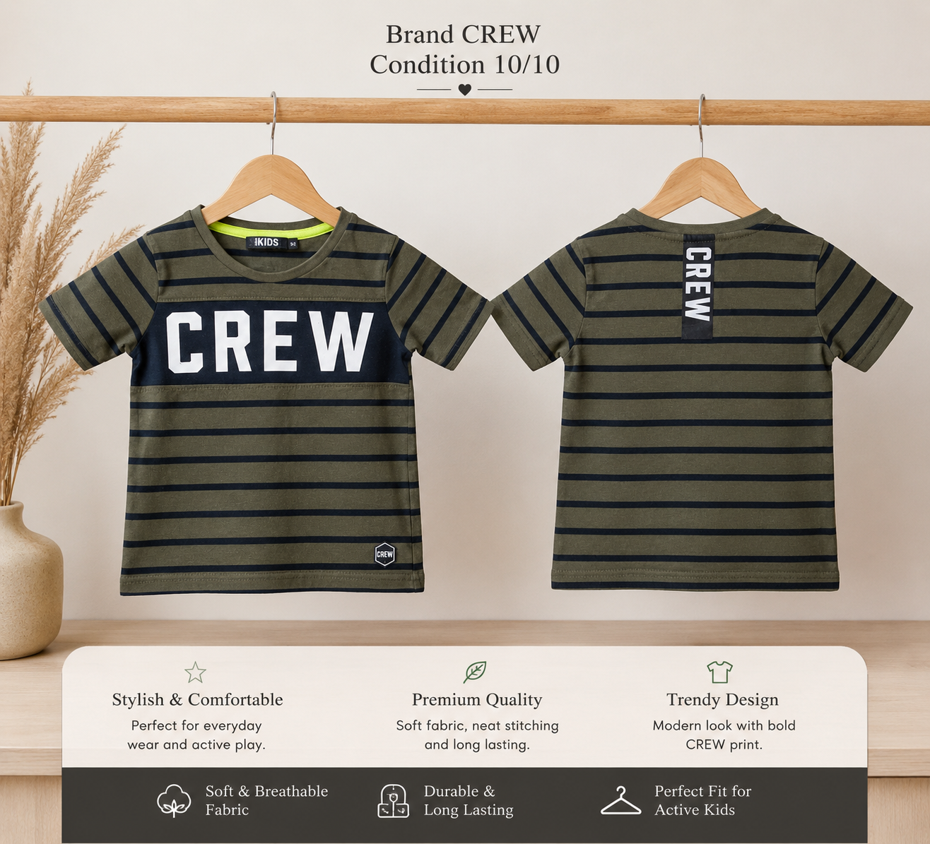 Crew Boys Olive Green Striped T-Shirt | Soft Cotton | Condition 10/10