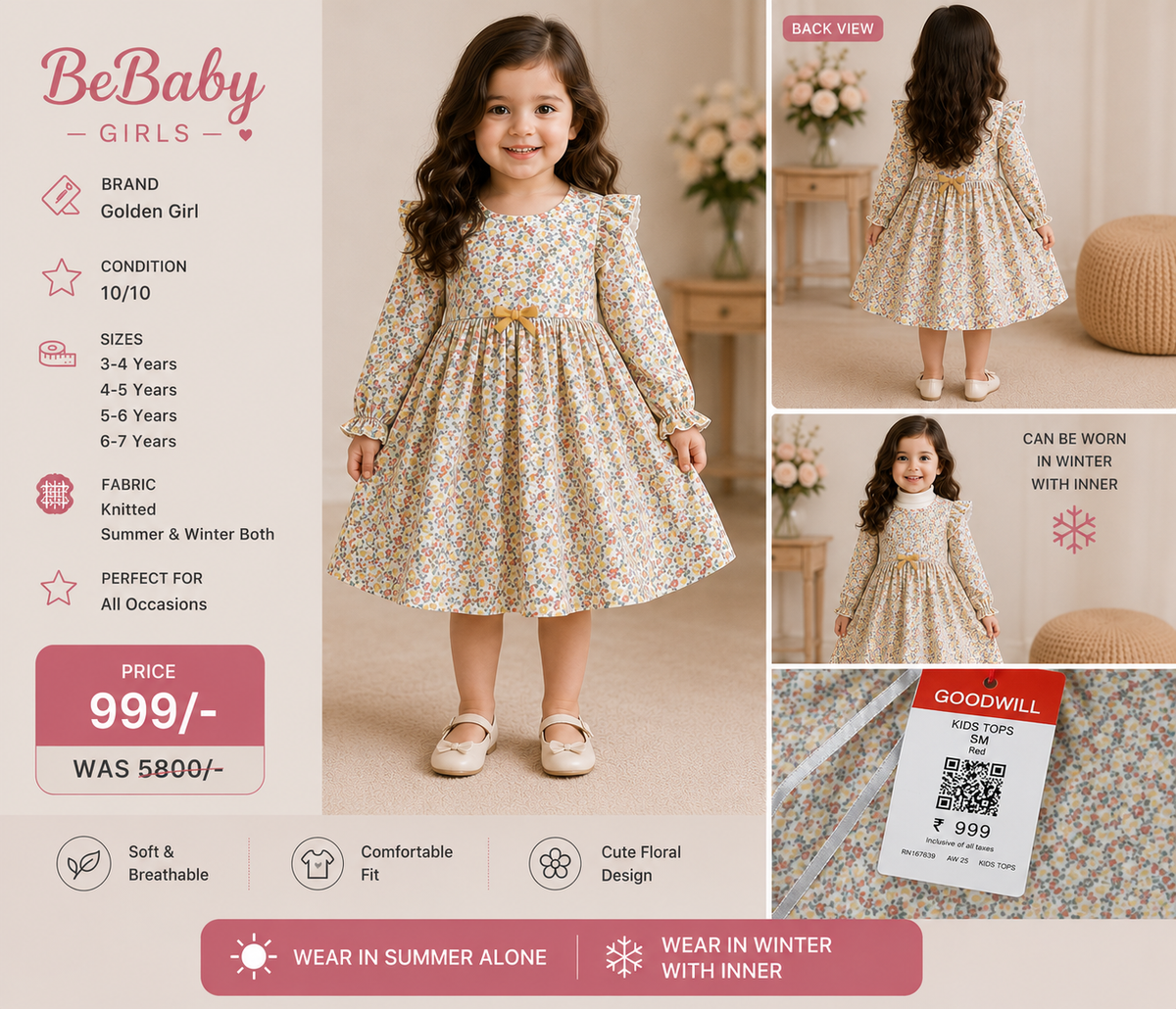 Golden Girl Floral Cotton Dress – Soft Cotton | 2-6 Years