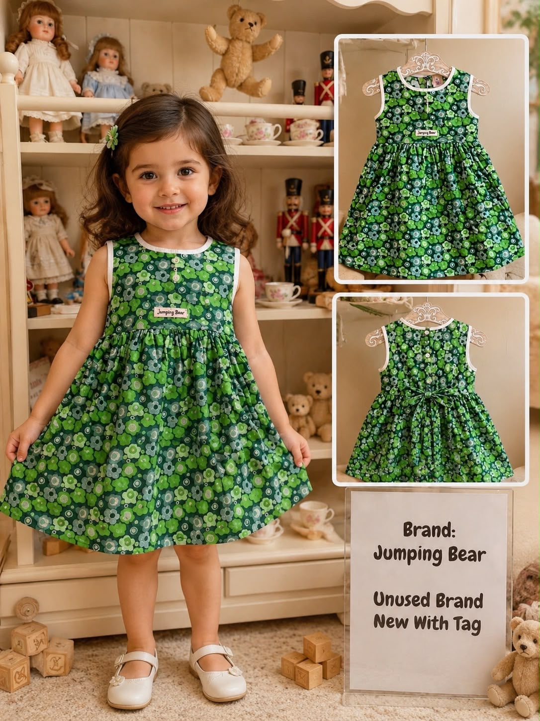 Jumping Bear Green Floral Dress – Unused with Tag