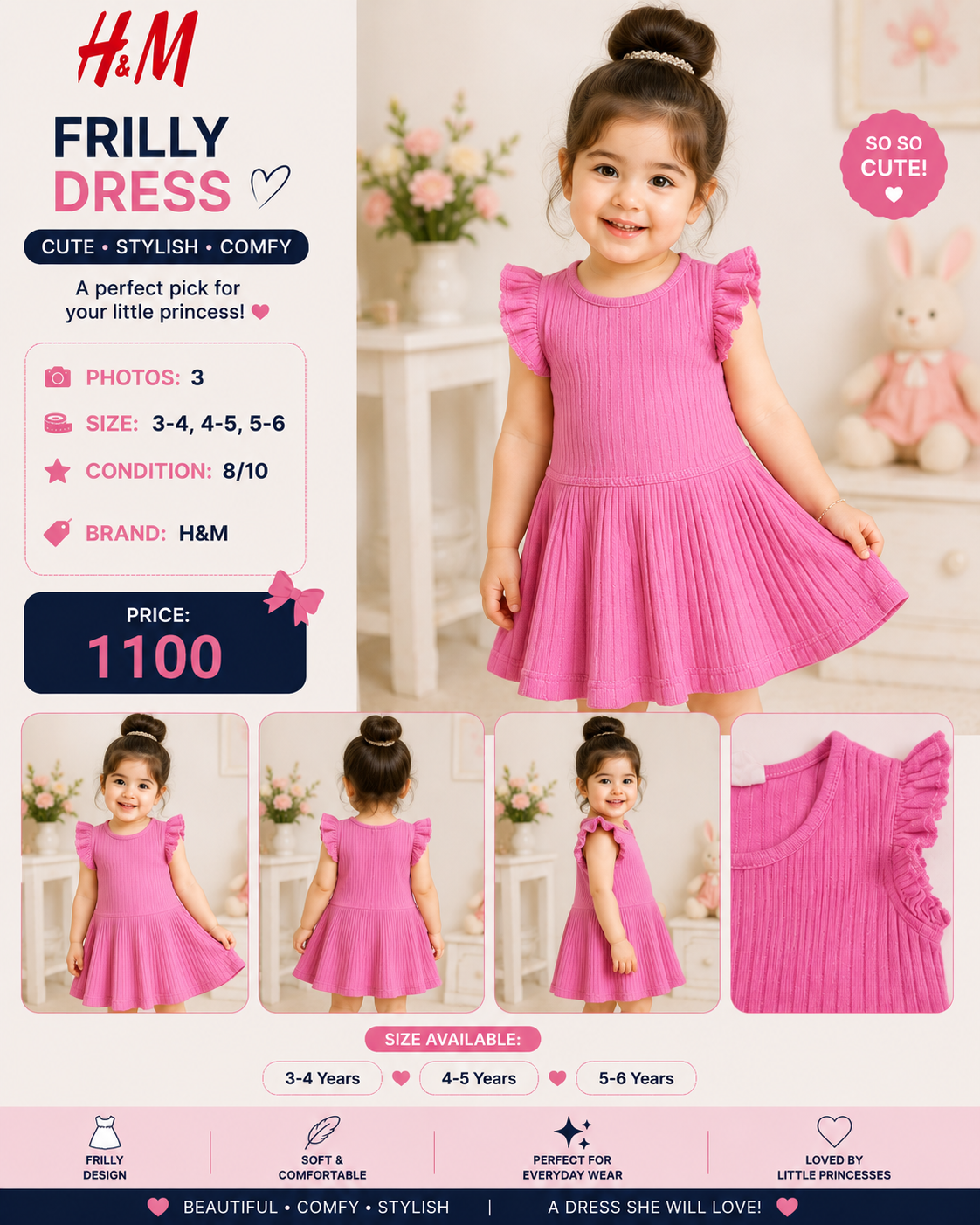 H&M Girls Pink Frilly Sleeve Dress