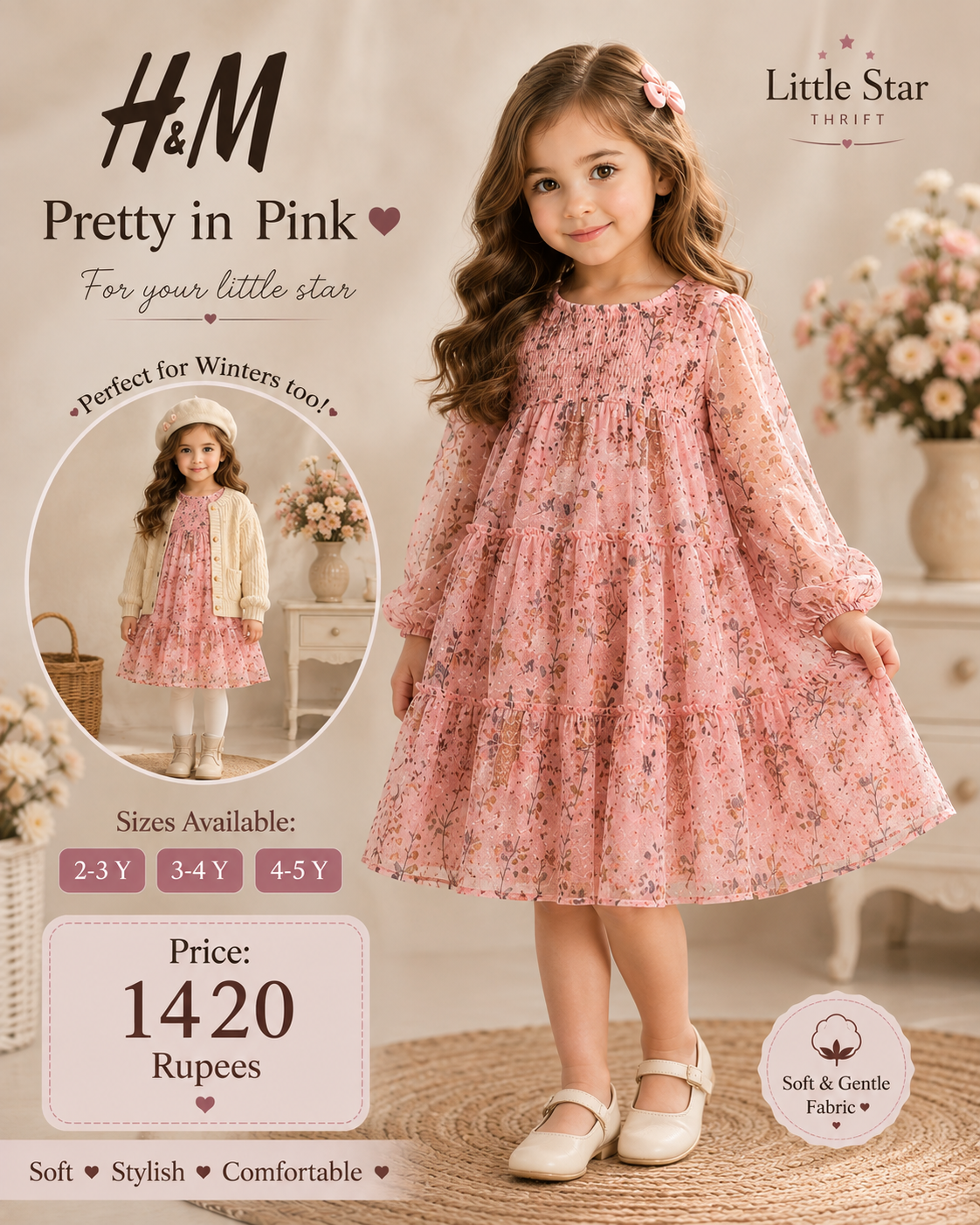 H&M Pink Floral Tiered Dress for Girls