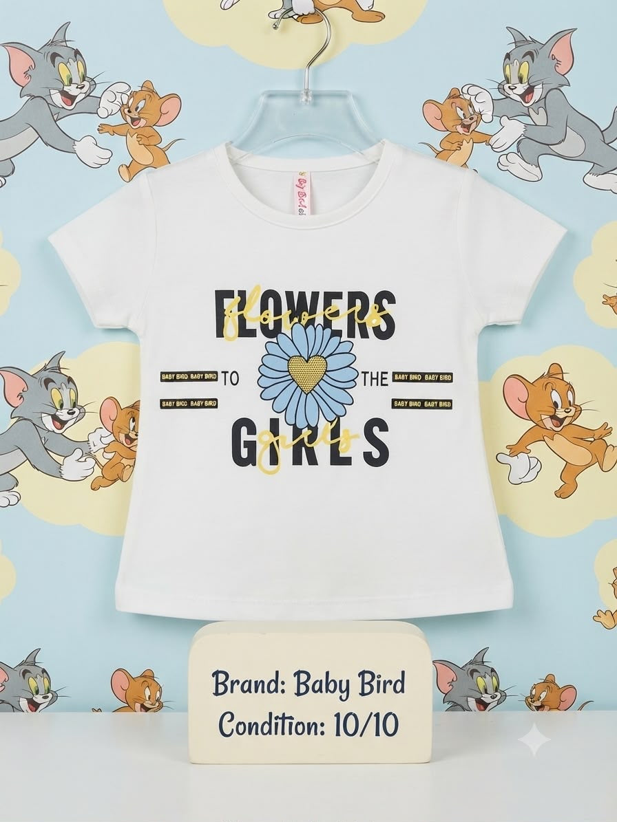 Baby Bird Girls White Floral Graphic Cotton T-Shirt | Soft & Comfortable | 10/10 Condition