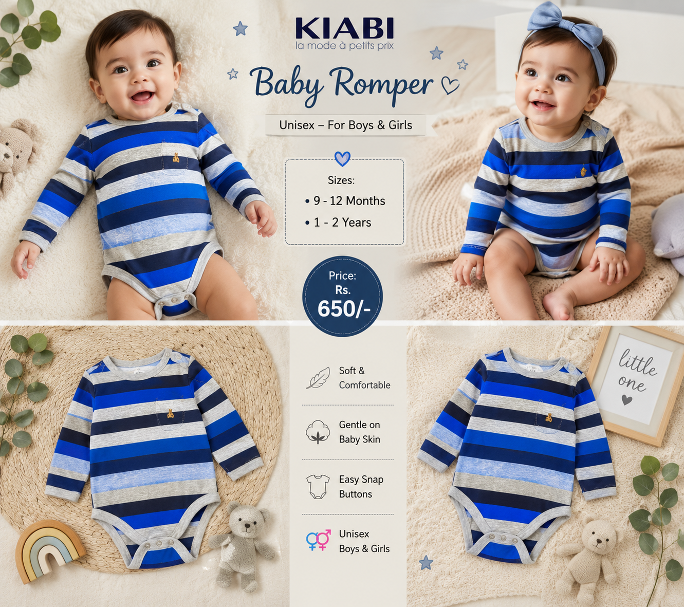KIABI Unisex Striped Baby Romper