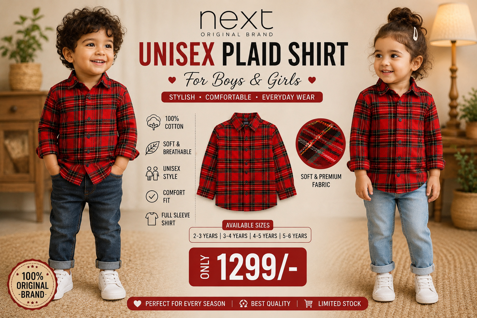 Next Kids Unisex Red Plaid Full Sleeve Shirt