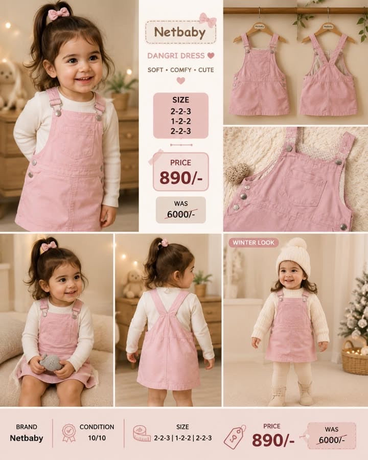 Netbaby Pink Denim Dangri Dress for Girls | 10/10 Condition