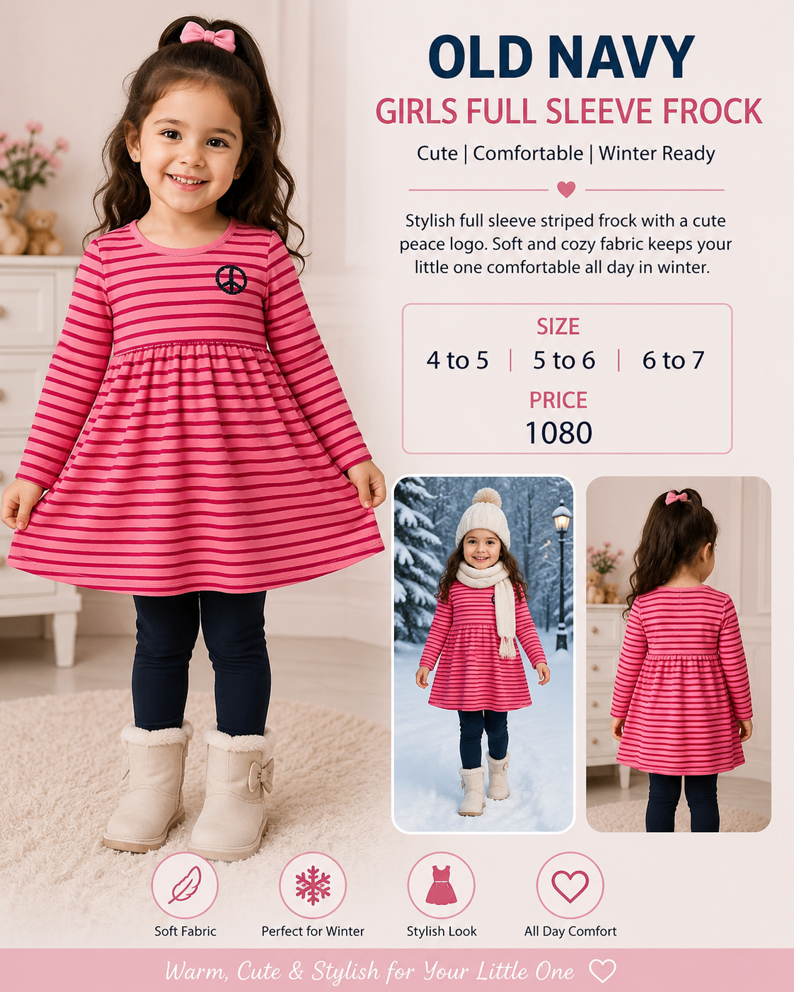 Old Navy Girls Pink Striped Full Sleeve Frock