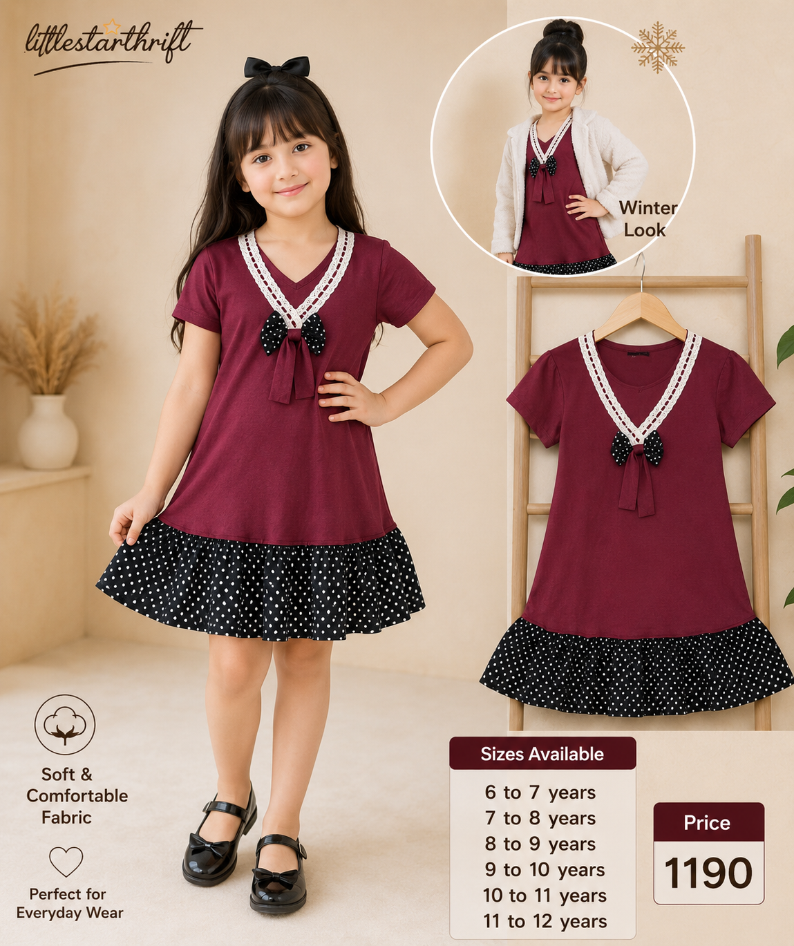Girls Maroon Bow & Polka Dot Frock