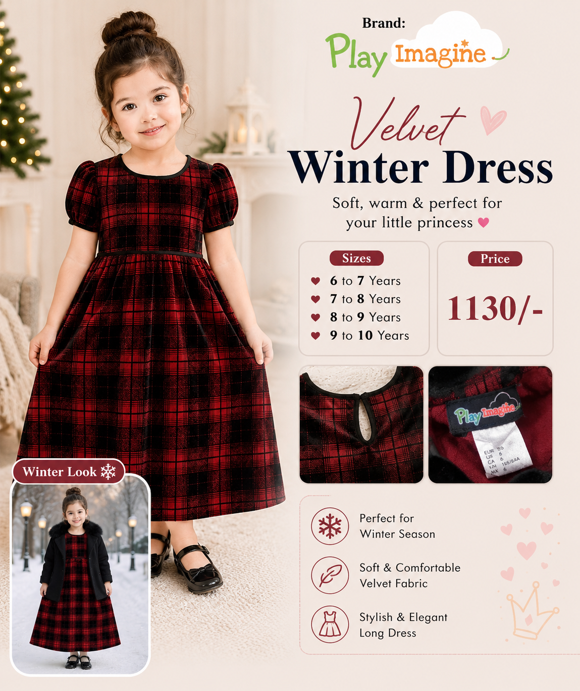 Play Imagine Girls Velvet Winter Dress