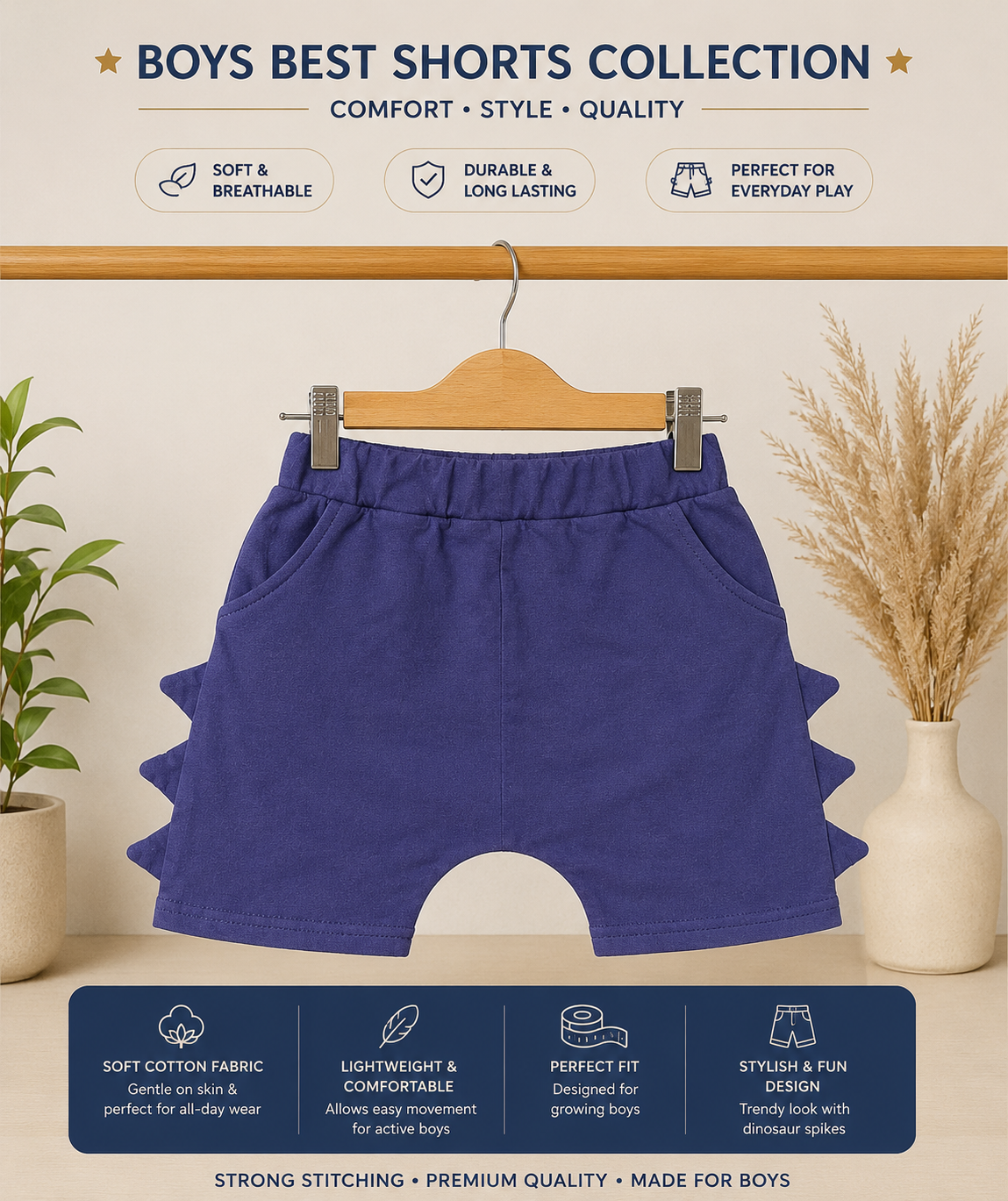 Boys Cotton Dinosaur Spike Shorts | Soft & Comfortable | Condition 10/10