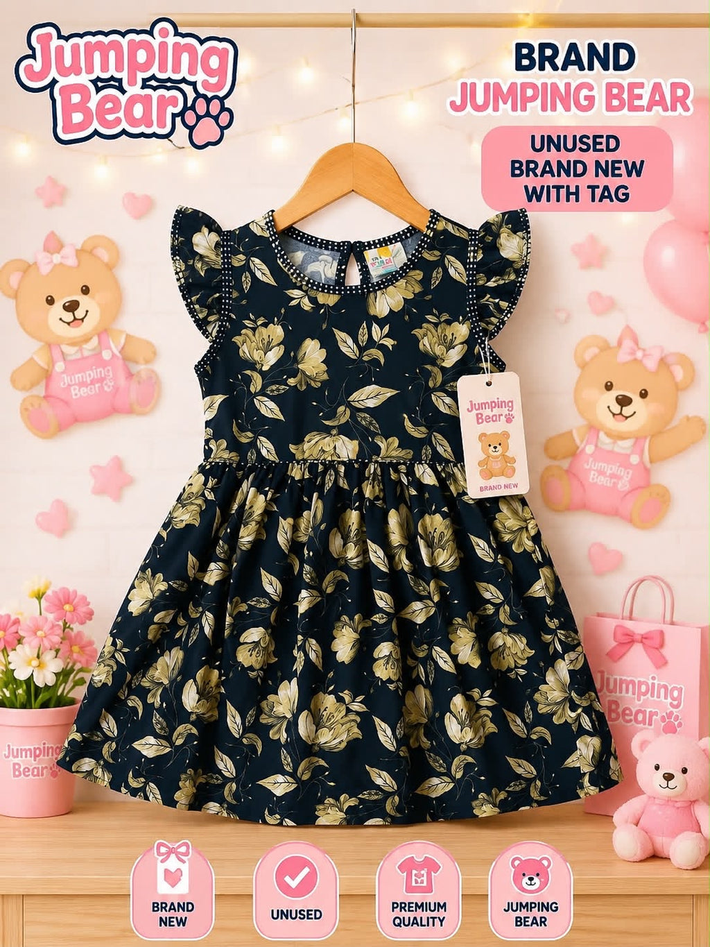 Jumping Bear black  Floral Girls Dress | Unused with Tag