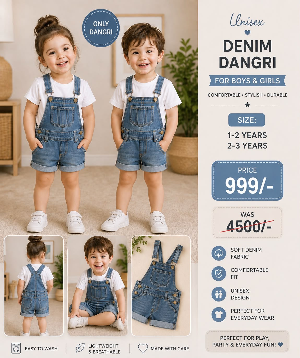 Unisex Blue Denim Dangri for Boys & Girls
