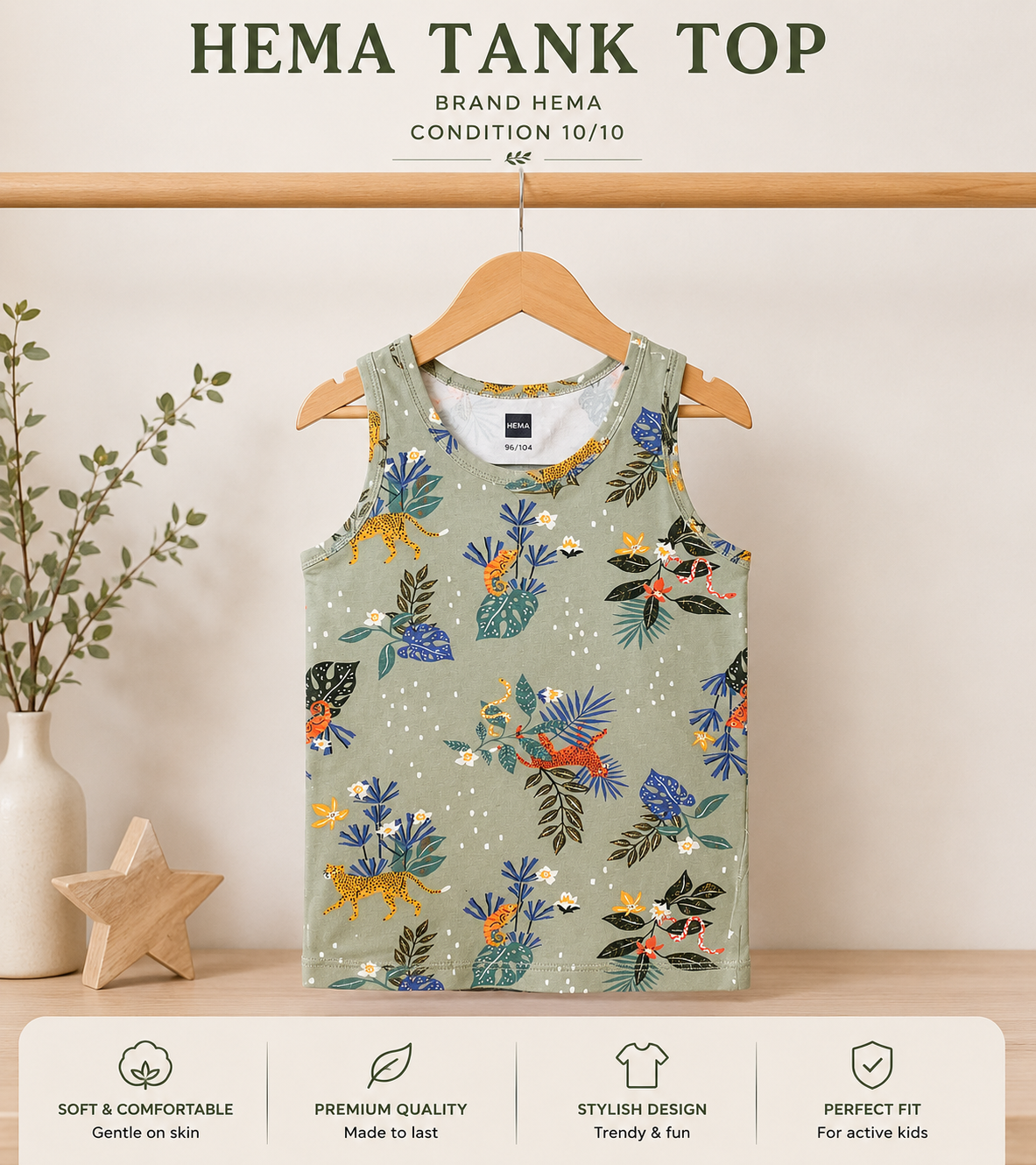 Hema Kids Jungle Print Tank Top | Premium Cotton Sleeveless Shirt | Condition 10/10