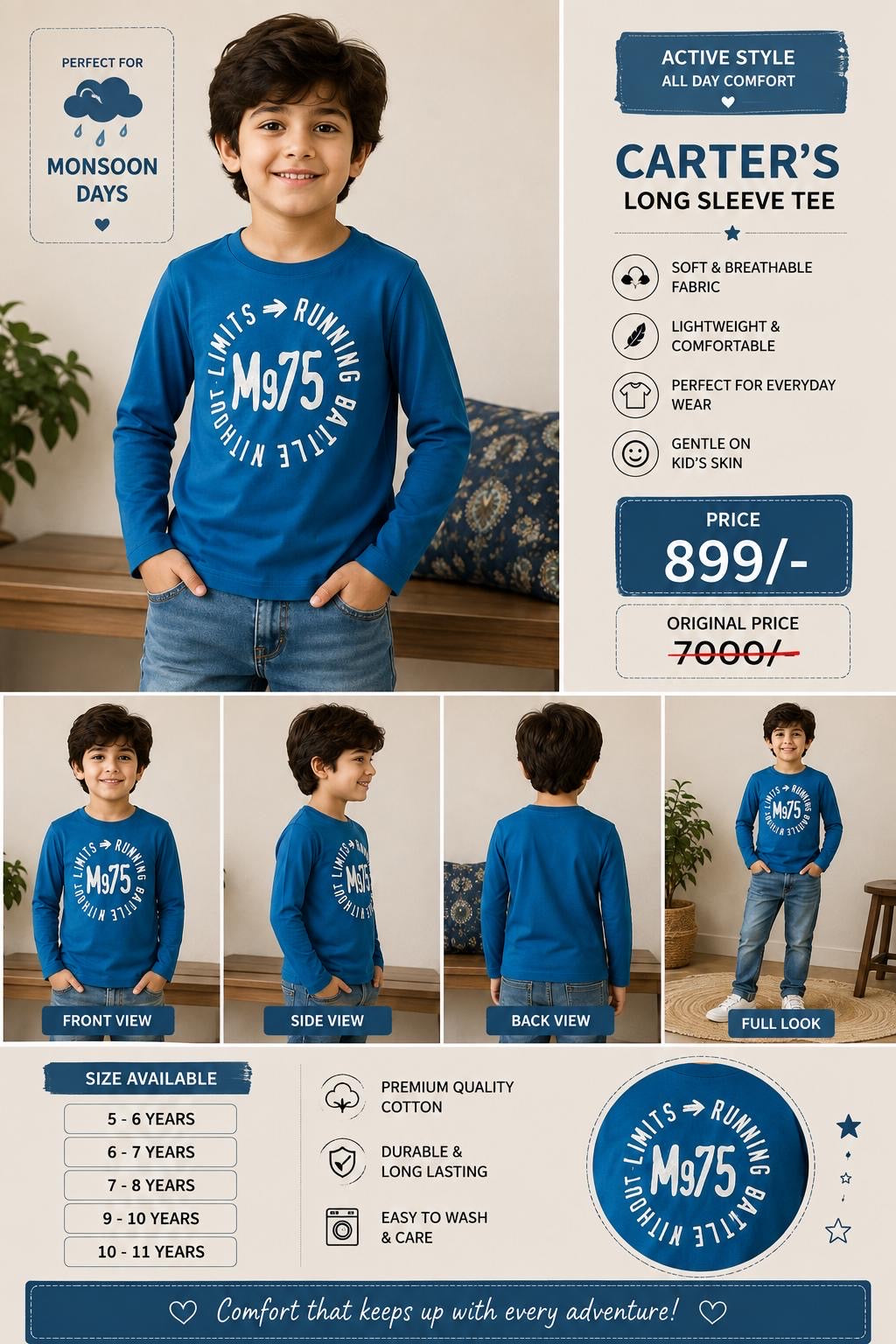 Carter's Blue Graphic Long Sleeve Cotton Tee – Boys