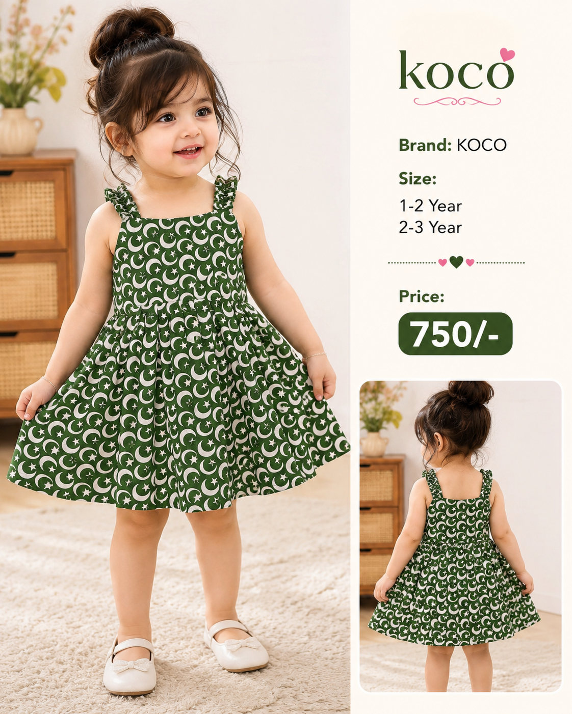 KOCO Girls Printed Cotton Dress – Green Summer Style