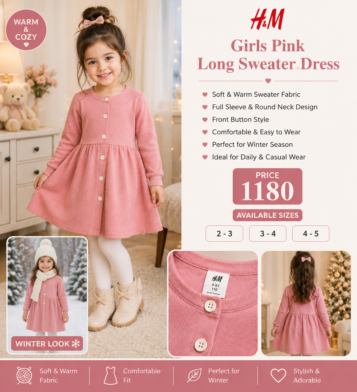 H&M Girls Pink Long Sweater Dress