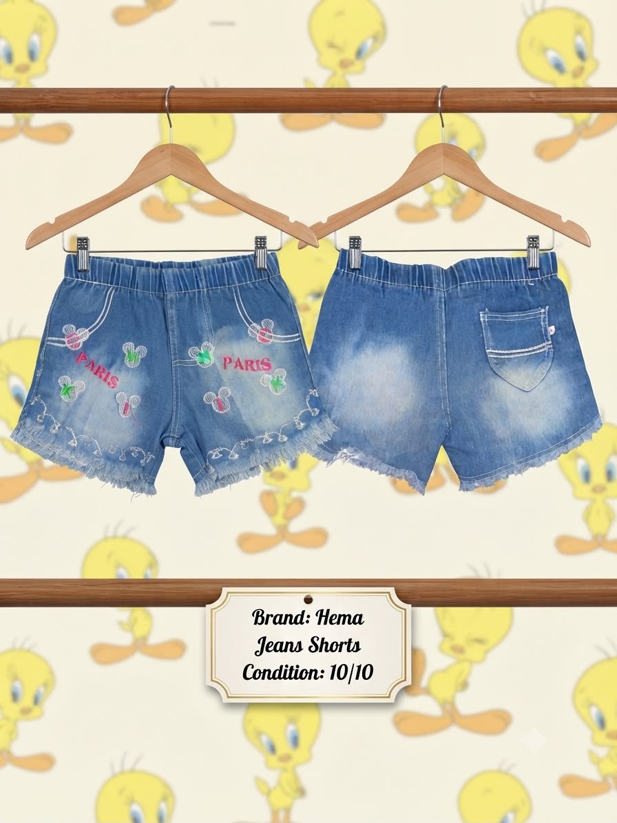 Hema Girls Blue Denim Embroidered Shorts | Paris Design | 10/10 Condition