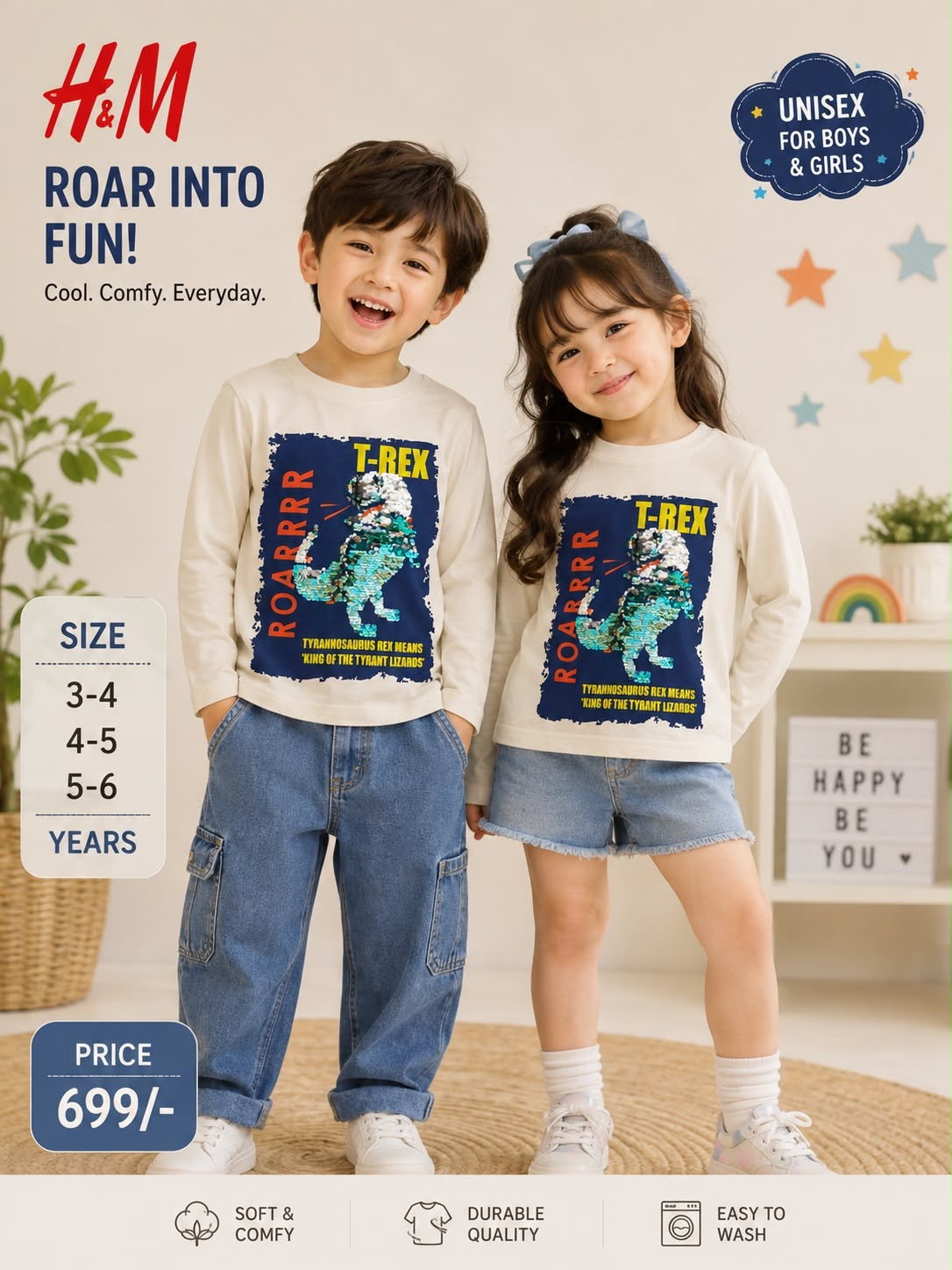 H&M Kids T-Rex Printed Full-Sleeve