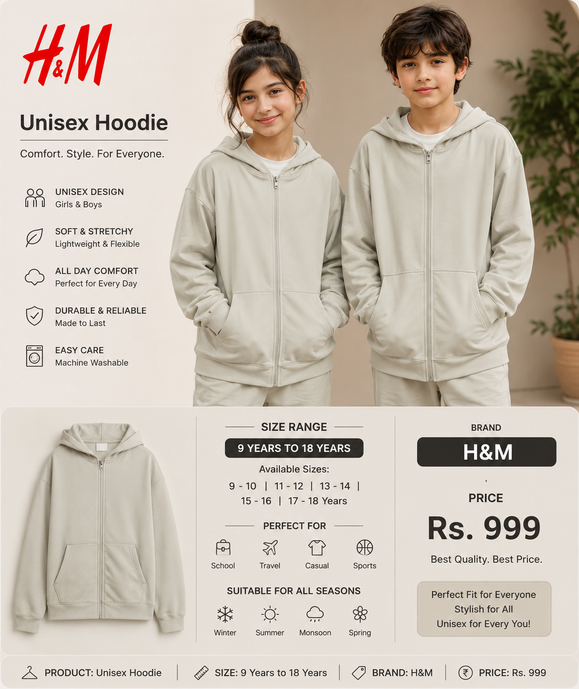 H&M Unisex Zip-Up Hoodie – Kids & Teens