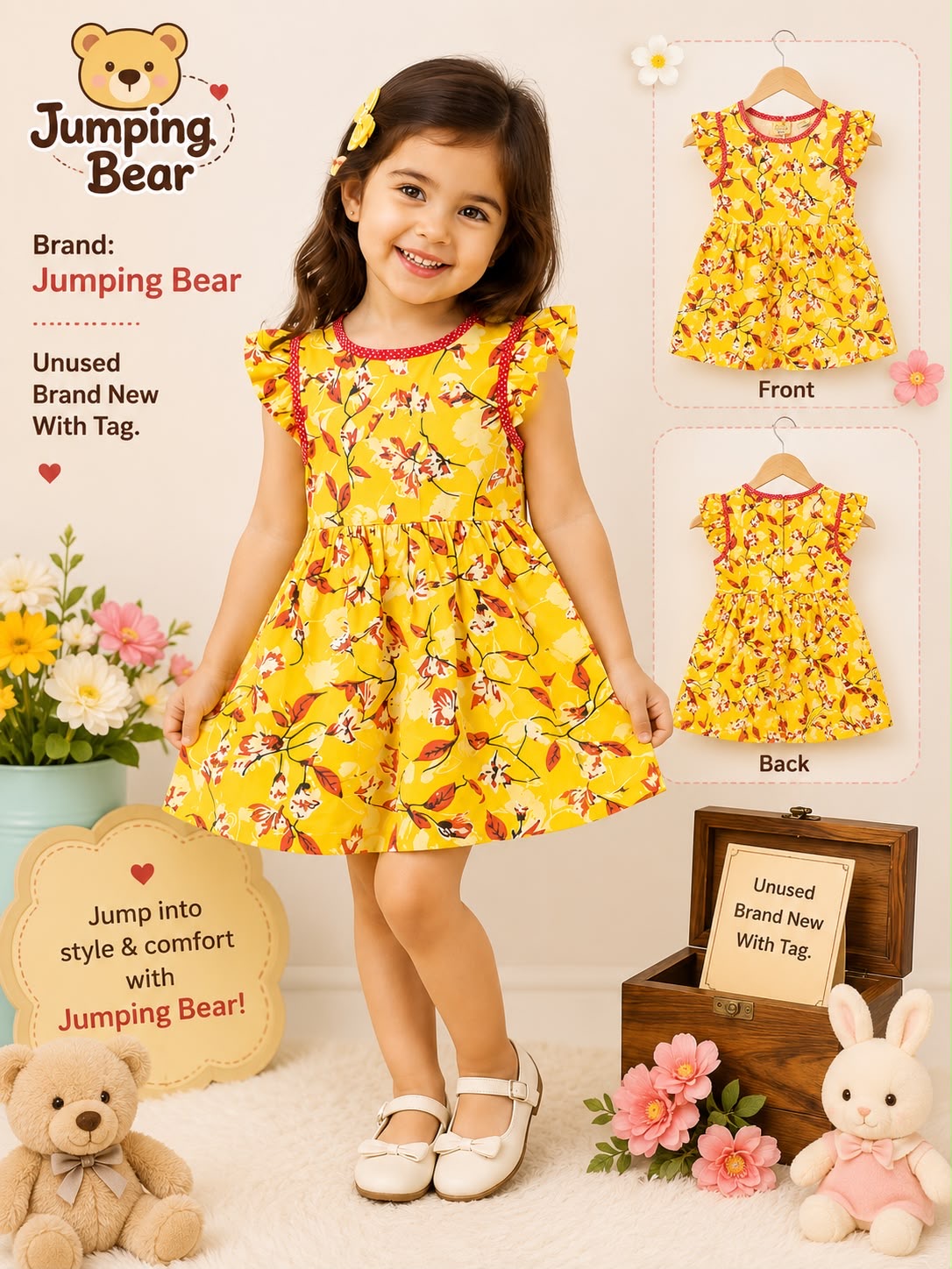 Jumping Bear Yellow Floral Girls Dress | Unused with Tag