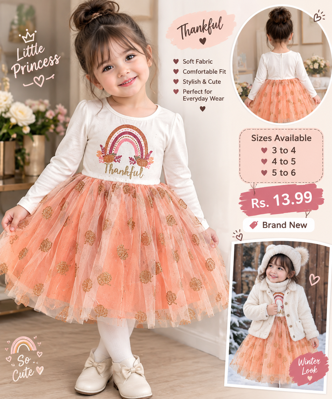 Little Princess Thankful Rainbow Tulle Dress