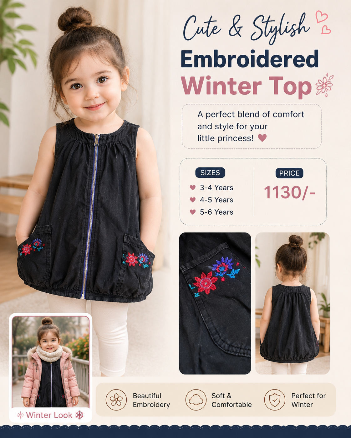 Girls Embroidered Winter Top