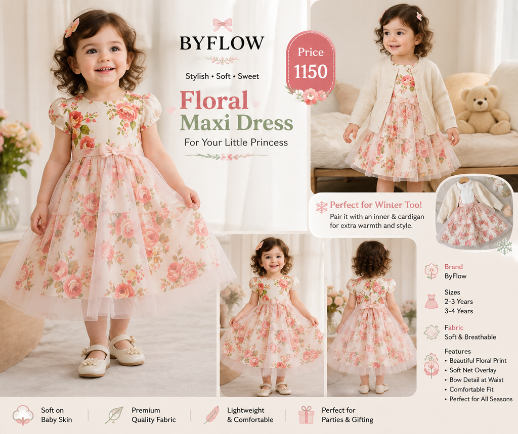 Floral Printed Maxi Tulle Party Dress for Girls