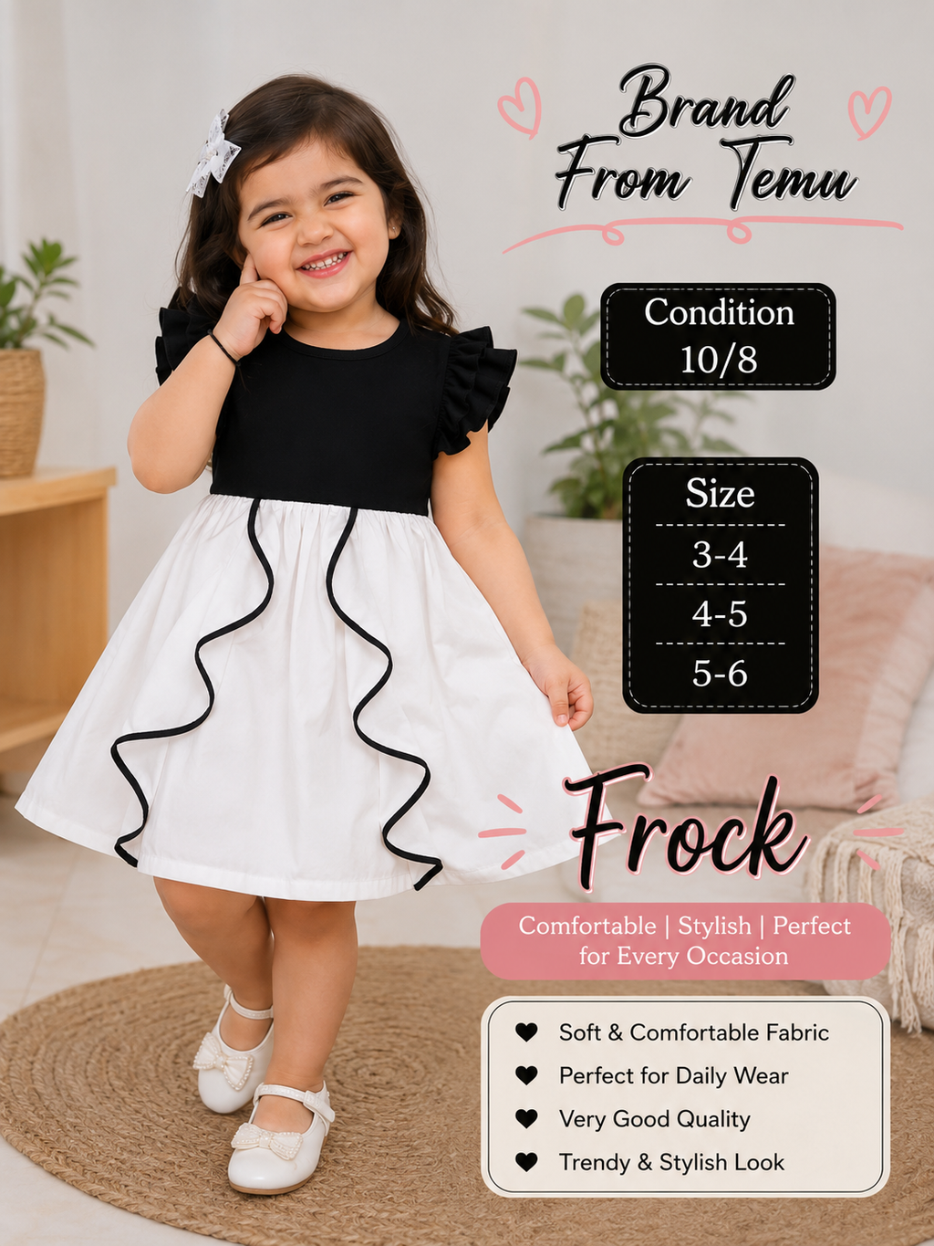 TEMU Black & White Girls Frock | Sizes 2–5 Years |