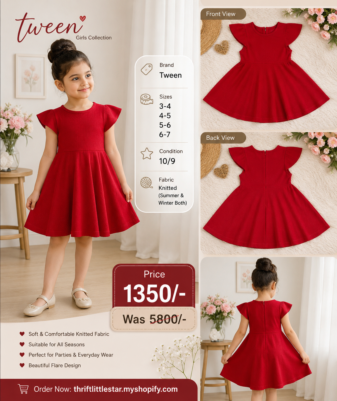 Tween Red Flare Knitted Dress | Girls Party Wear | 3–7 Years