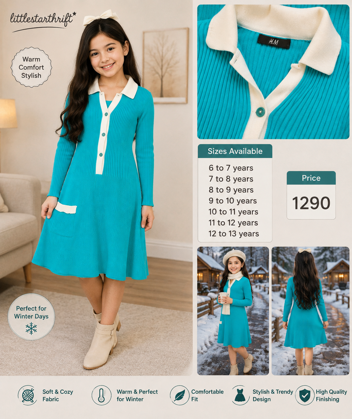 H&M Girls Turquoise Knit Collared Frock