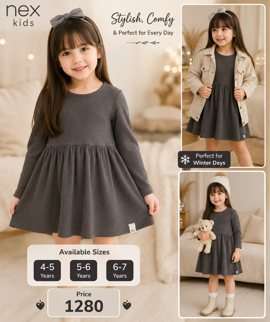 Nex Kids Girls Grey Ribbed Dress