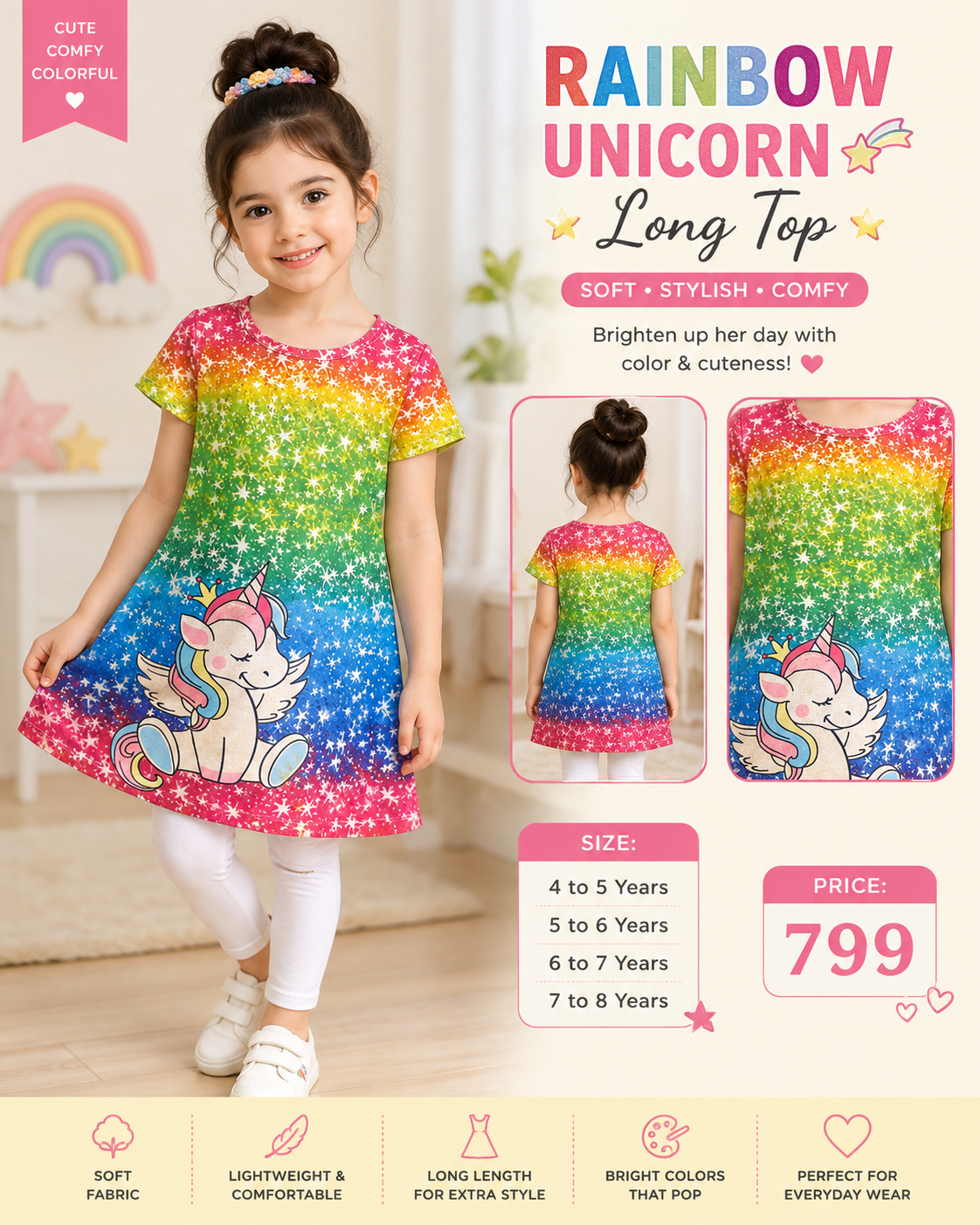 Rainbow Unicorn Girls Long Top