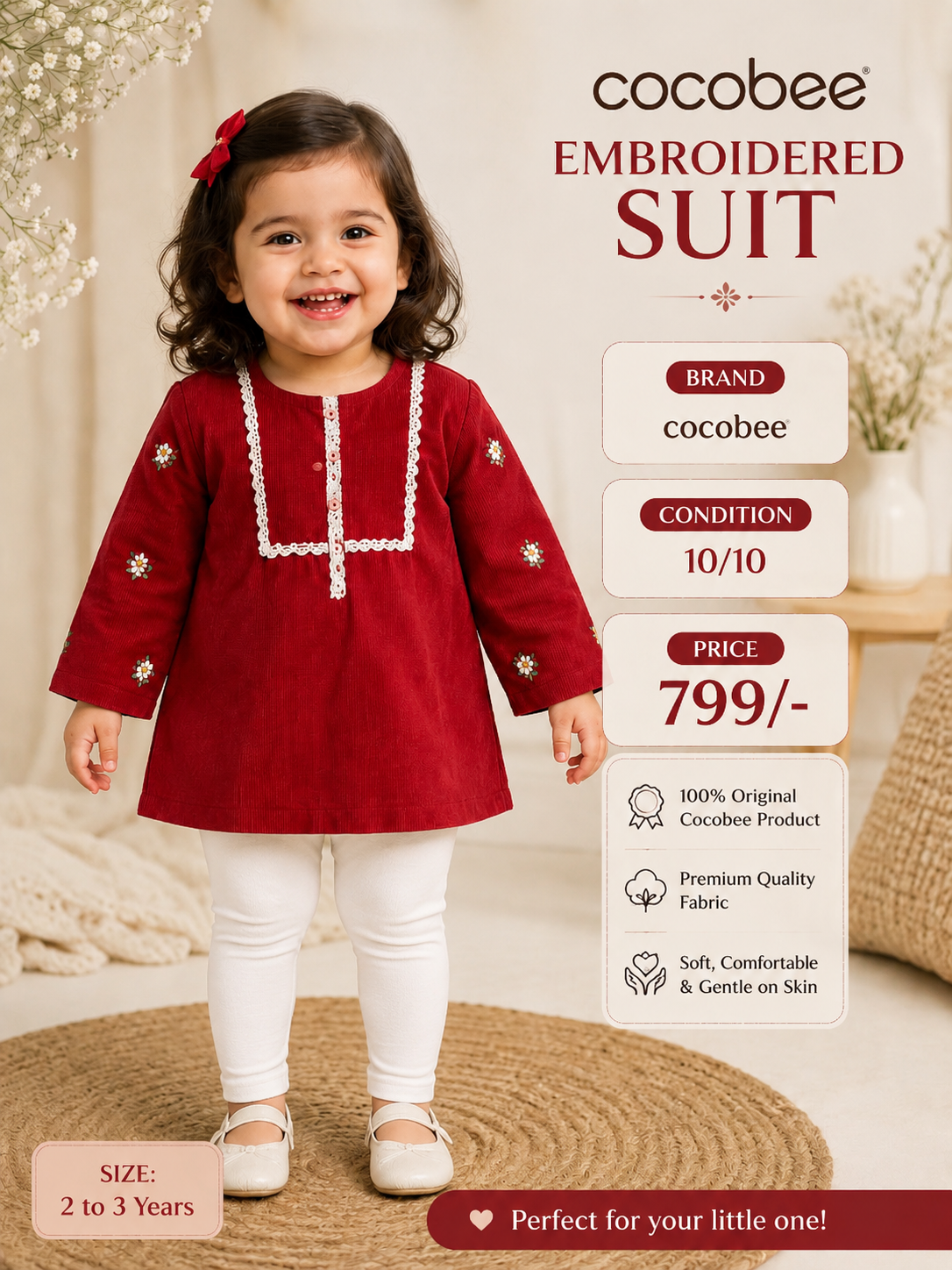 Cocobee Embroidered Girls Suit – Brand New with Tag | Size 2–3 Years | Red