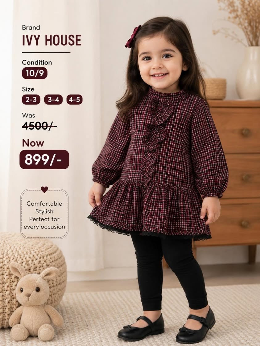 IVY HOUSE Girls Burgundy Check Frill Dress