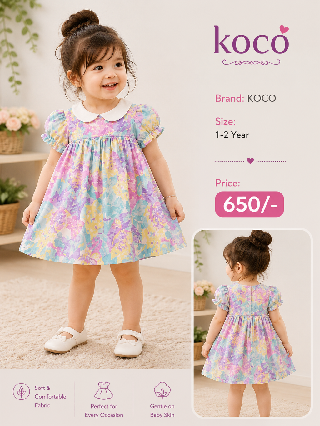 KOCO Girls Pastel Floral Cotton Dress – 1-2 Years | Soft & Comfortable