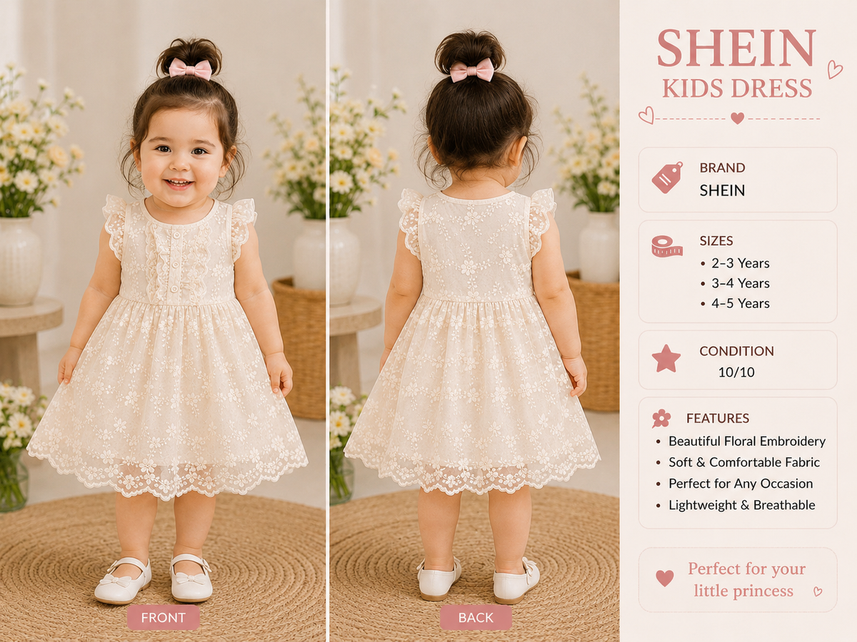 SHEIN Floral Embroidered Girls Dress – Cream | 10/10 Condition