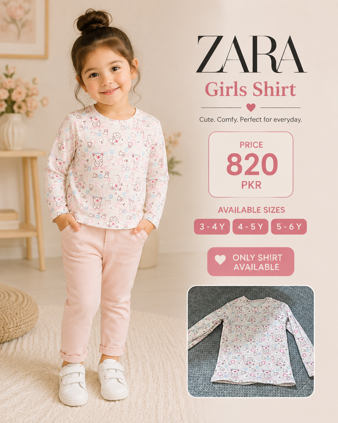 Zara Girls Printed Long Sleeve Shirt – Pink