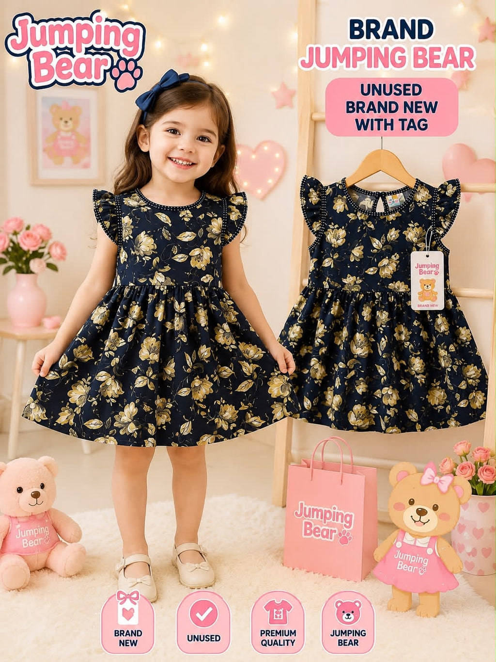Jumping Bear black  Floral Girls Dress | Unused with Tag