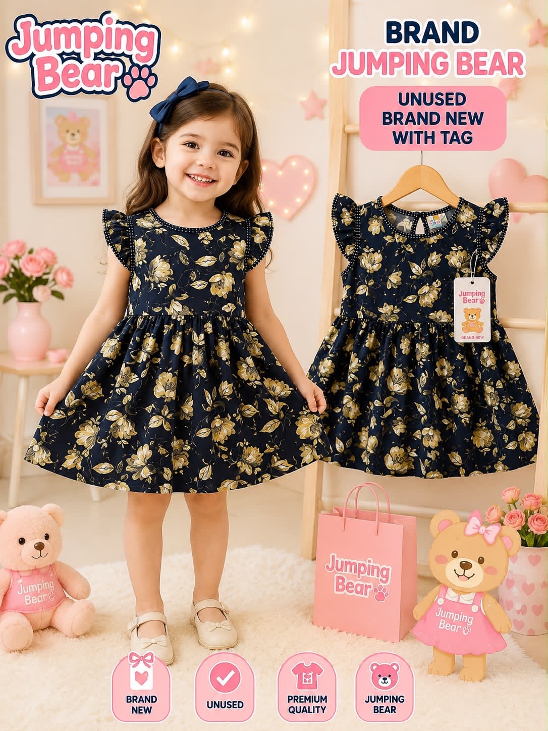 Jumping Bear black  Floral Girls Dress | Unused with Tag