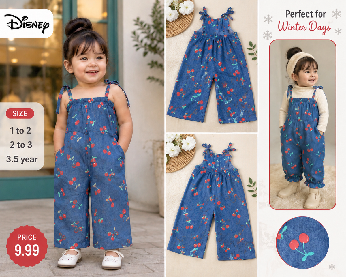 Disney Girls Cherry Print Denim Jumpsuit
